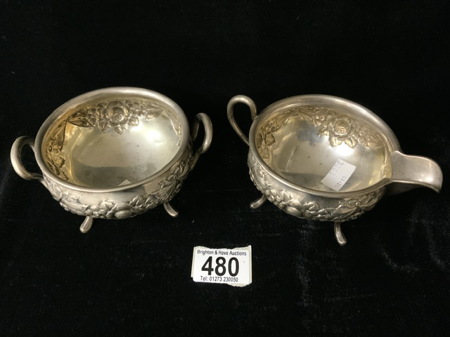 CONTINENTAL 830S SILVER MILK JUG AND SUGAR BOWL DECORATED WITH FLOWERS 354 GRAMS