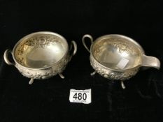CONTINENTAL 830S SILVER MILK JUG AND SUGAR BOWL DECORATED WITH FLOWERS 354 GRAMS