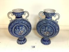 PAIR OF SALT GLAZED GERMAN WESTERWALD TWIN HANDLE VASES 27CM