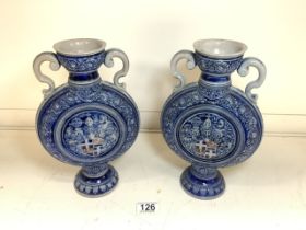 PAIR OF SALT GLAZED GERMAN WESTERWALD TWIN HANDLE VASES 27CM