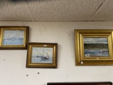 WATERCOLOUR OF SAILNG BOATS MOORED WITH TWO SHIP PRINTS ALL FRAMED LARGEST 40 X 35CM