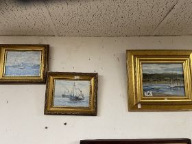 WATERCOLOUR OF SAILNG BOATS MOORED WITH TWO SHIP PRINTS ALL FRAMED LARGEST 40 X 35CM