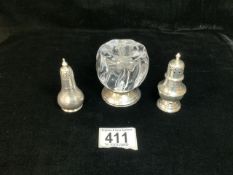TWO HALLMARKED SILVER PEPPERS 8CM WALKER AND HALL AND HENRY ATKIN ALSO WHITE METAL AND GLASS