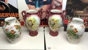 TWO PAIRS OF VINTAGE TWO HANDLED CERAMIC URNS / VASES T.F & S PHOENIX AND FLORAL UNMARKED, 27CM