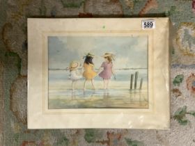 DES HARRADINE (1927-1999) ENGLAND SIGNED WATERCOLOUR THREE GIRLS ON THE SEASHORE 43 X 34CM UNFRAMED