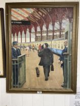 NANCY DOWSON WEISSKOPF OIL ON BOARD TITLED (COMMUTERS) BRIGHTON STATION FRAMED 64 X 82CM .