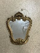 VINTAGE BAROQUE STYLED MIRROR IN GILDED WOOD. 36CM X 45CM.