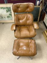 SELIG - EAMES STYLE CHAIR AND OTTOMAN IN BROWN LEATHER