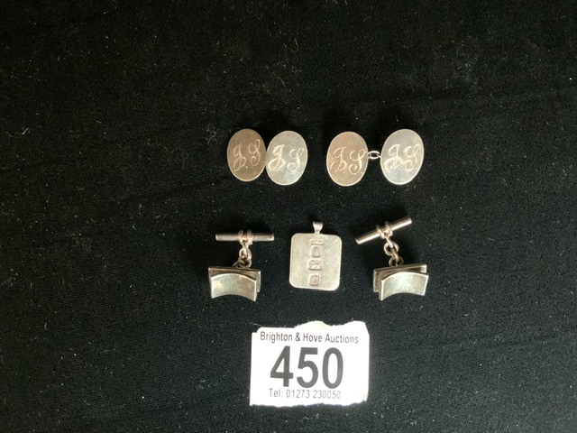 TWO PAIRS OF HALLMARKED SILVER CUFFLINKS WITH A HALLMARKED INGOT PENDANT