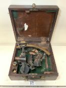 19TH-CENTURY NAVAL BRASS SEXTANT WITH EXTRA LENSES IN ORIGINAL PINE BOX.