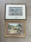 TWO FRAMED AND GLAZED WATERCOLOURS BOTH SIGNED ONE VIEW ACROSS RIVER THAMES LARGEST 54.5 X 43CM