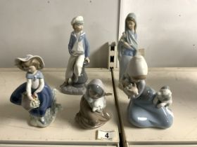 FIVE LLADRO FIGURES, LARGEST 23CM.