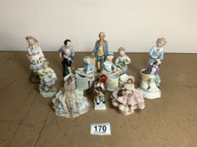 TWELVE SMALL CONTINENTAL PORCELAIN FIGURES INCLUDING A 19TH-CENTURY DREDEN AUGUSTUS REX FIGURE OF