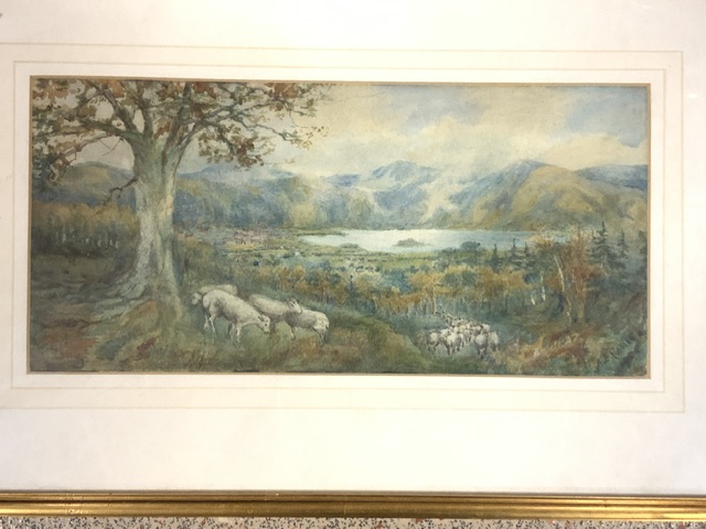 E L’AMIE WATERCOLOUR EXTENSIVE LANDSCAPE WITH SHEEP, SIGNED 17 X 35CM WITH A WATERCOLOUR OF A - Image 2 of 5