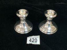 PAIR OF HALLMARKED SILVER CIRCULAR SQUAT CANDLESTICKS, DATED 1923 BY W.J.MYATT & CO 7CM WEIGHTED 226