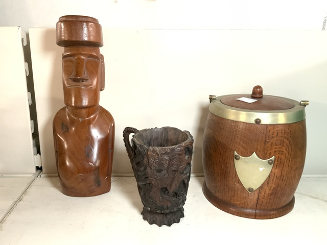 VICTORIAN OAK BISCUIT BARREL, A CHINESE CARVED FIGURE AND A QUANTITY OF TREEN - Image 3 of 5