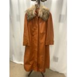 TURKIS TUKKU FINLAND ORANGE FULL-LENGTH LEATHER COAT WITH FUR COLLAR AND QUILT LINING SIZE 10-12