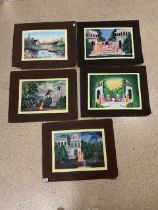 SET OF FIVE INDIAN UNFRAMED GOUACHE PAINTINGS DEPICTING FIGURES IN LANDSCAPES 40 X 29CM