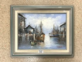 W JONES OIN ON CANVAS OF BOATS SIGNED AND FRAMED 54 X 44CM