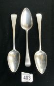 SET OF THREE GEORGE III HALLMARKED SILVER TABLESPOONS DATED 1806 BY STEPHEN ADAMS 22CM 196 GRAMS
