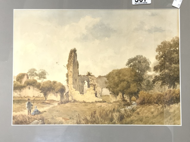 GODET 1881 SIGNED WATERCOLOUR OF TWO PEOPLE BY SOME RUINS FRAMED AND GLAZED 50 X 40CM - Image 2 of 4