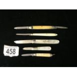VINTAGE FRUIT KNIVES INCLUDES TWO HALLMARKED SILVER AND MOTHER OF PEARL