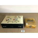 ORIENTAL EMBROIDERED SILK COVERED RECTANGULAR JEWELLERY BOX WITH FITTED INTERIOR 28CM WITH A VINTAGE