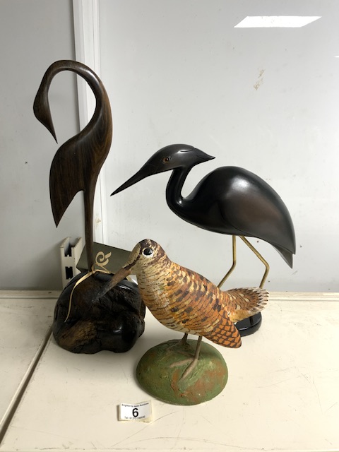 THREE BIRD FIGURES, TWO WOODEN FROM THE FEATHER GALLERY AND CELTIC ROOTS STUDIO, AND A CERAMIC