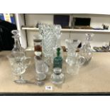 LARGE QUANTITY OF MIXED GLASSWARE VASES, DECANTERS, ICE BUCKET AND MORE