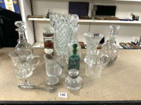 LARGE QUANTITY OF MIXED GLASSWARE VASES, DECANTERS, ICE BUCKET AND MORE