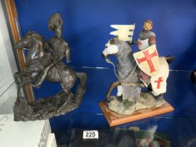 TWO SOLDIERS ON HORSE BACK KNIGHTS TEMPLAR AND HEREDITIES COLD CAST RESIN 30CM