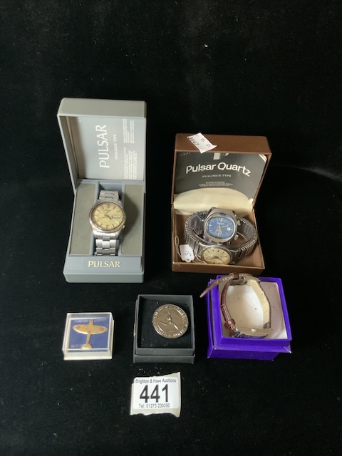 CASED WATCHES PULSAR, ROAMER, MEMOSTAR AND TWO DIAMANTE BROOCHES