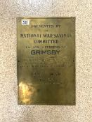 BRASS MILITARY PRESENTATION PLAQUE PRESENTED BY NATIONAL WAR SAVINGS COMMITTEE TO THE CITIZENS OF