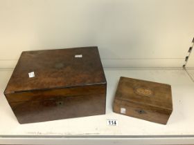 VICTORIAN BURR WALNUT WRITING SLOPE WITH A SMALLER VICTORIAN BOX (A PRESENT FROM BRIGHTON)