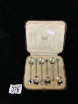 SET OF SIX HALLMARKED SILVER COFFEE SPOONS WITH ENAMEL TERMINALS DATED 1926 BY JAMES FENTON & CO