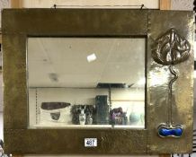 ART NOUVEAU BRASS SURROUND WALL MIRROR RETAILED BY GOODYER’S REGENT ST LONDON 60 X 46CM