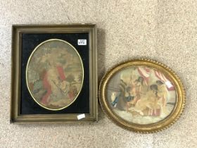 TWO REGENCY OVAL SILKWORK PICTURES DEPICTING FIGURES, (SOME FAULTS) 30 X 25CM