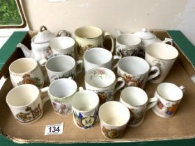QUANTITY OF MAINLY ANTIQUE COMMEMORATIVE CUPS AND TEAPOTS, DOULTON, BOOTHS AND MORE