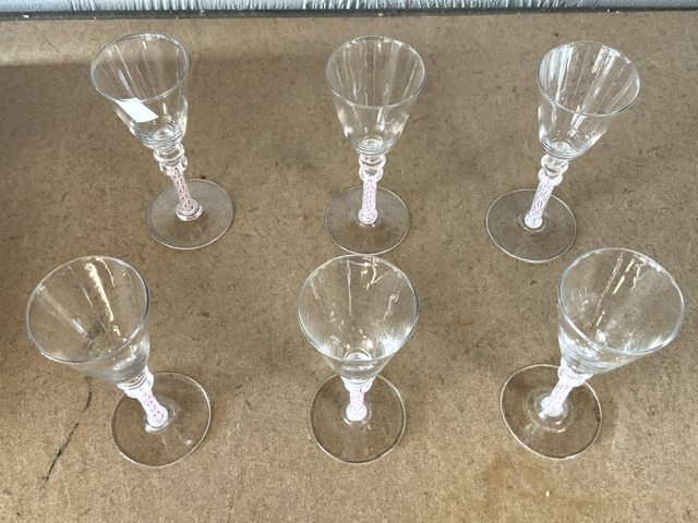 SET OF SIX TRUMPET-SHAPED WINE GLASSES WITH DOUBLE KNOPPED RED AND WHITE COTTON TWIST STEMS 17CM - Image 3 of 4
