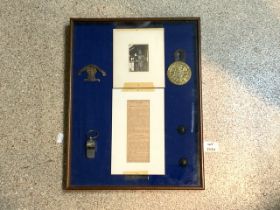 BRIGHTON TRAMWAY INSPECTORS' BADGES AND WHISTE FOR F.J WALLS FRAMED AND GLAZED 35 X 45CM