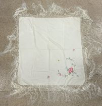 AN EDWARDIAN EMBROIDERED SHAWL WITH FRAYED EDGES IN DECORATIVE PRESENTATION BOX (NOT ORIGINAL BOX)