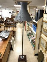 VINTAGE CHROME STANDARD LAMP ON SQUARE WOODEN BASE WITH SILK GREY SHADE 200CM