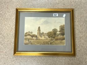 GODET 1881 SIGNED WATERCOLOUR OF TWO PEOPLE BY SOME RUINS FRAMED AND GLAZED 50 X 40CM