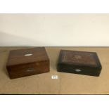 VICTORIAN EBONISED AND AMBOYNA VENEERED RECTANGULAR WRITING SLOPE 29CM WITH A VICTORIAN ROSEWOOD
