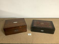 VICTORIAN EBONISED AND AMBOYNA VENEERED RECTANGULAR WRITING SLOPE 29CM WITH A VICTORIAN ROSEWOOD