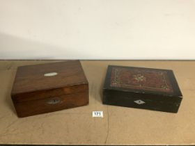 VICTORIAN EBONISED AND AMBOYNA VENEERED RECTANGULAR WRITING SLOPE 29CM WITH A VICTORIAN ROSEWOOD