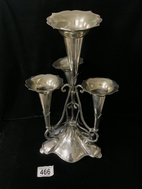 JAMES DIXON SILVER-PLATED EPERGNE, FOUR TRUMPET SHAPED VASES