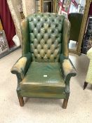 EDWARDIAN GREEN LEATHER WING BACK CHESTERFIELD ARMCHAIR