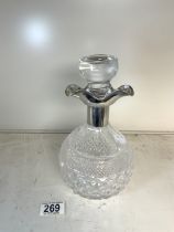 800 SILVER AND HOBNAIL CUT GLASS TRIPLE LIPPED DECANTER WITH LATER ADDED STOPPER, 24CM