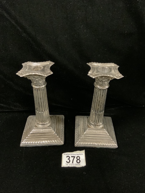 PAIR EDWARDIAN HALLMARKED SILVER CORINTHIAN COLUMN CANDLESTICKS ON STEP BASES DATED 1907 BY